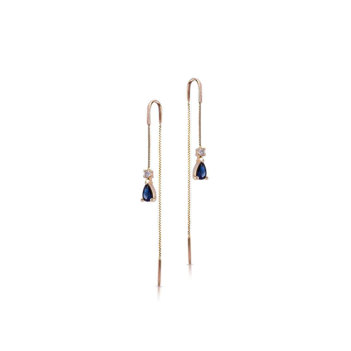 Dangling gold earrings with sapphires and diamonds