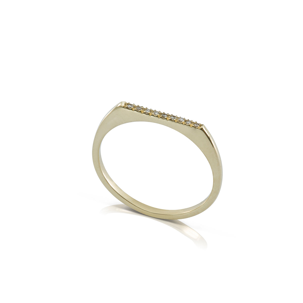 A thin signet ring set with a row of diamonds
