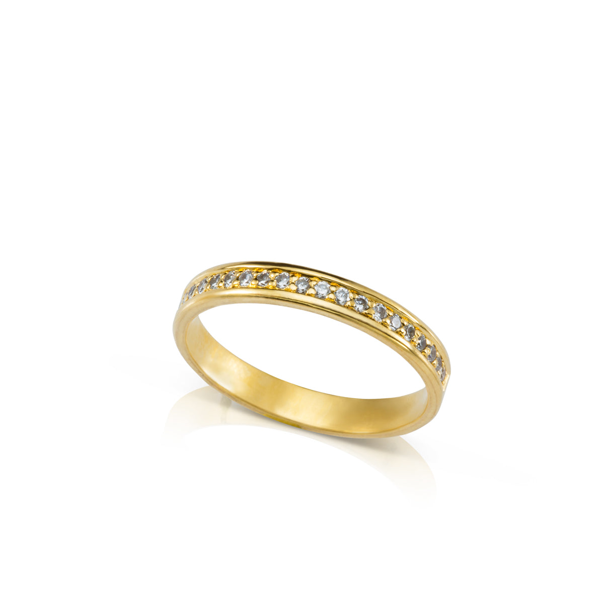 A gold ring set with a row of diamonds with a border
