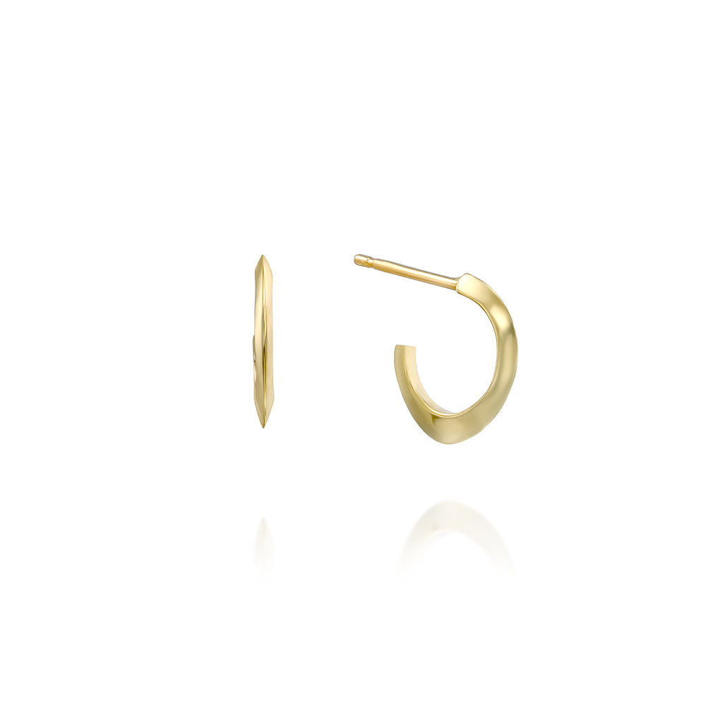 Small attached gold hoop earrings in the shape of a drop