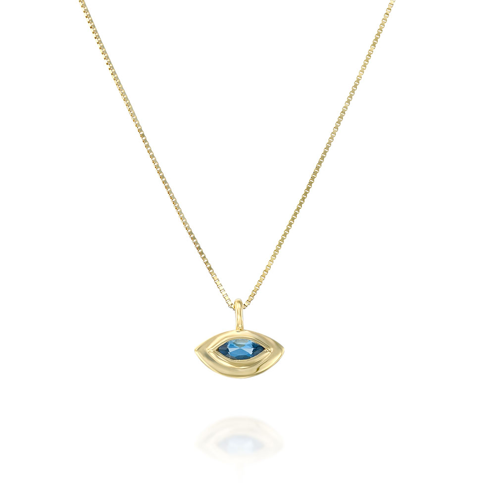 The evil eye pendant with a modern twist in aqua marine inlay
