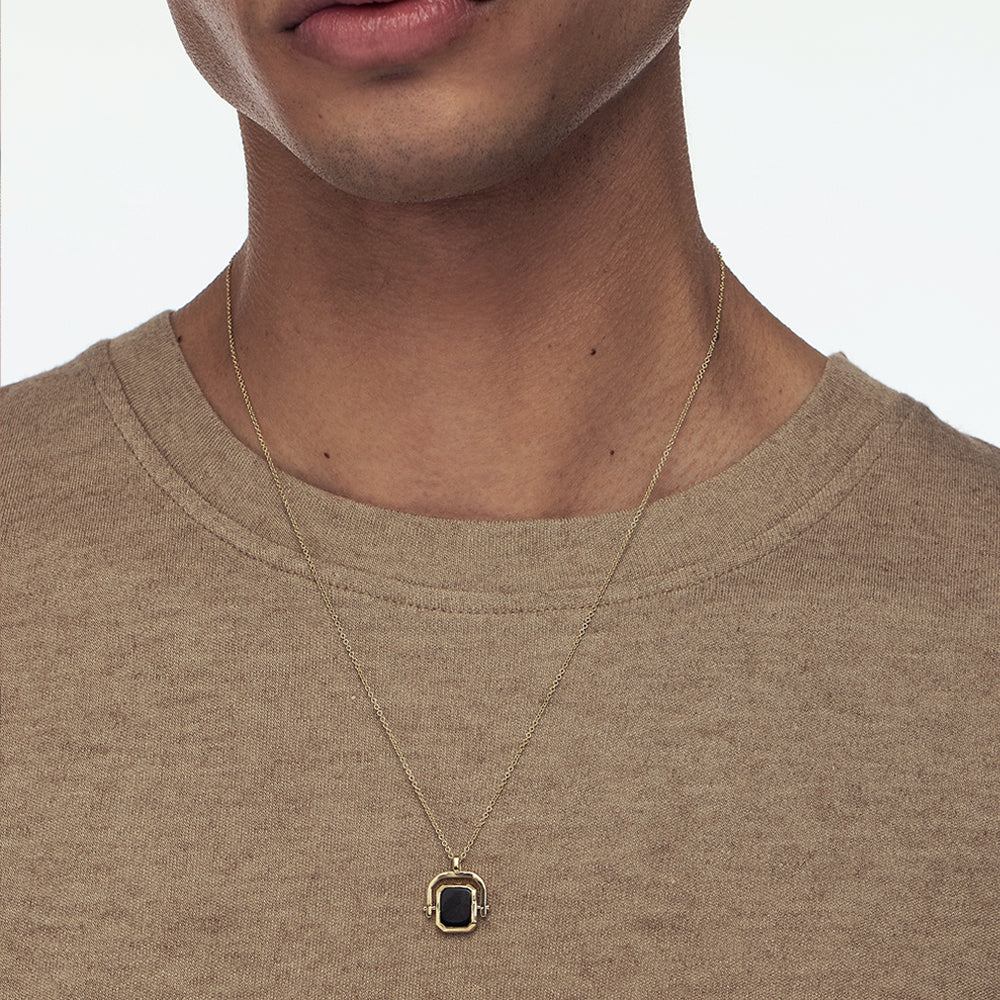 Gold necklace for men, special necklace with onyx on one side and engraving on the other