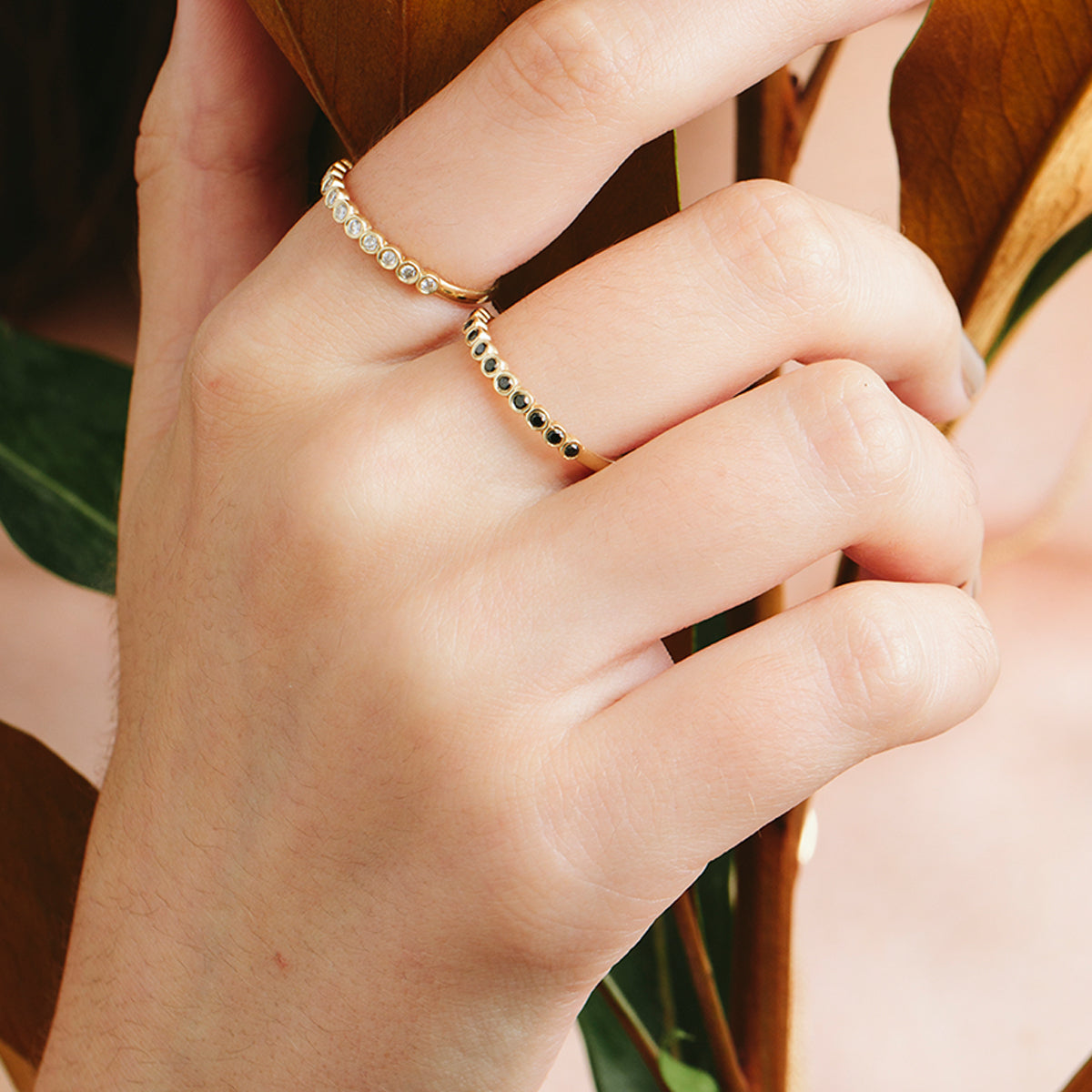 Black diamond ring in glass setting