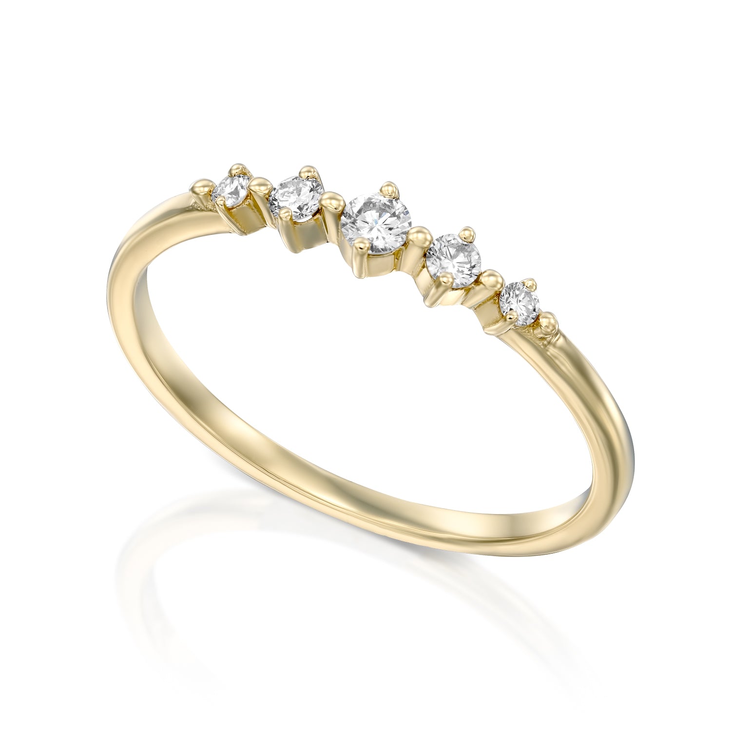 A delicate diamond ring set with 5 diamonds in a special setting