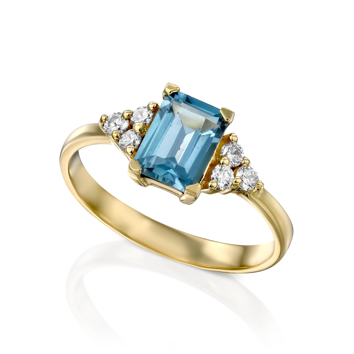 An engagement ring set with rectangular London blue topaz and 6 sided diamonds