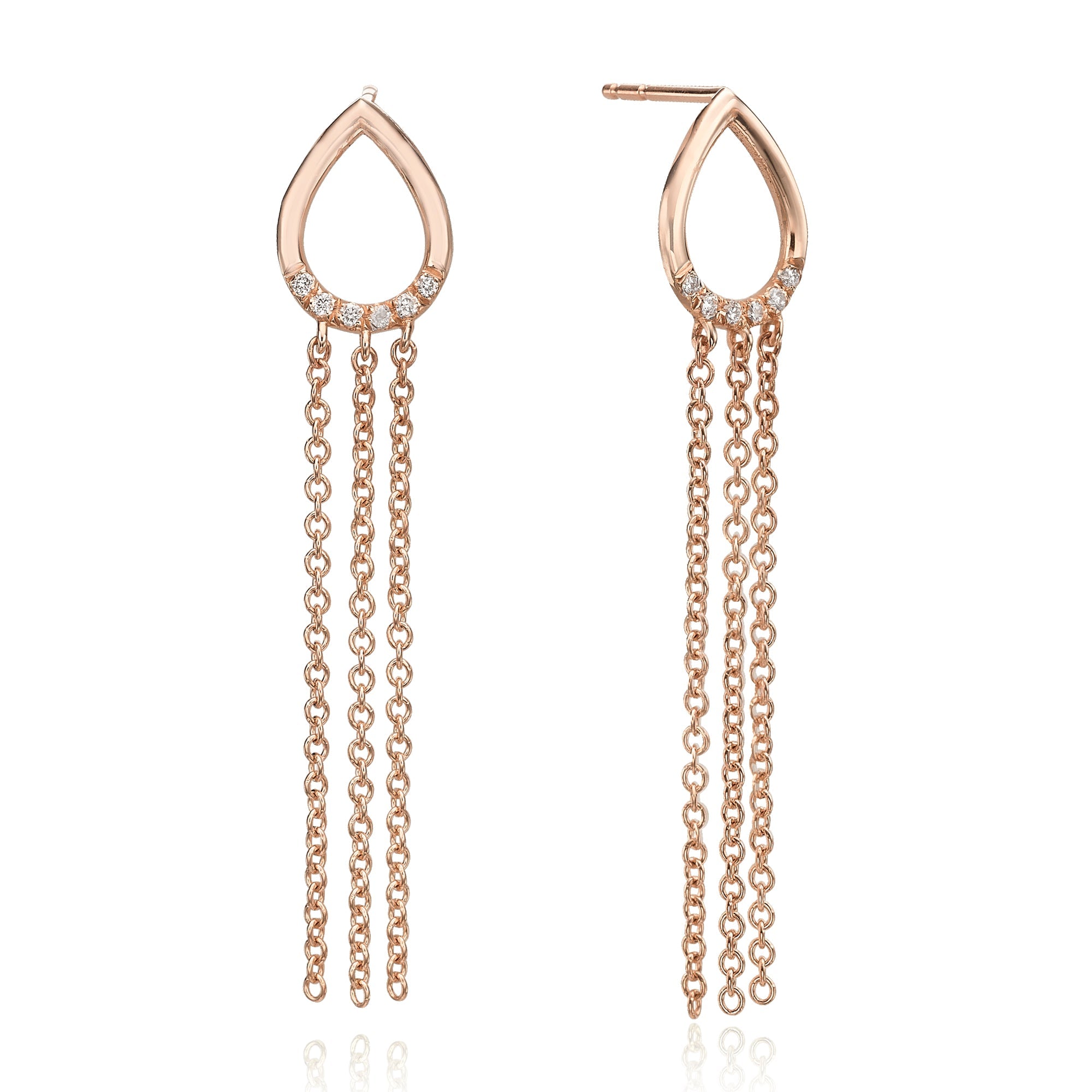 Drop-shaped gold earrings with hanging chains studded with diamonds