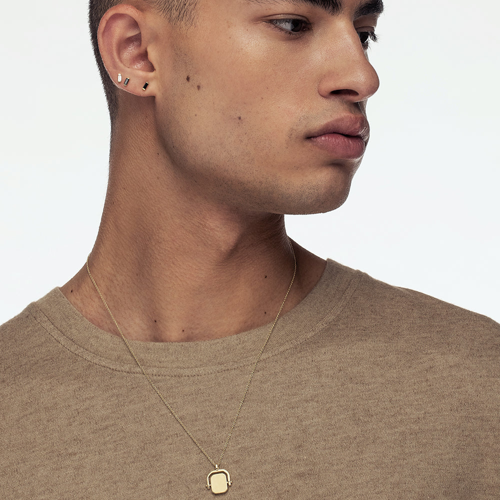 Gold necklace for men, special necklace with onyx on one side and engraving on the other