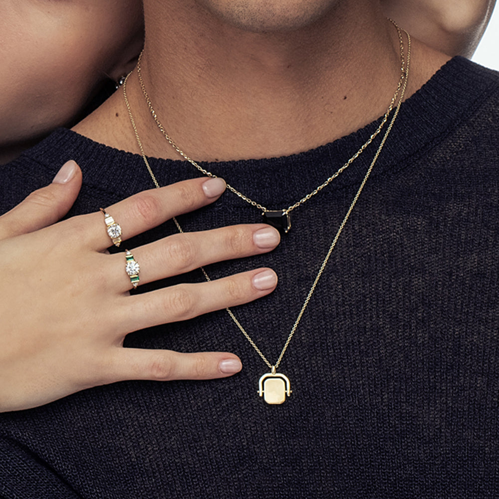 Gold necklace for men, special necklace with onyx on one side and engraving on the other