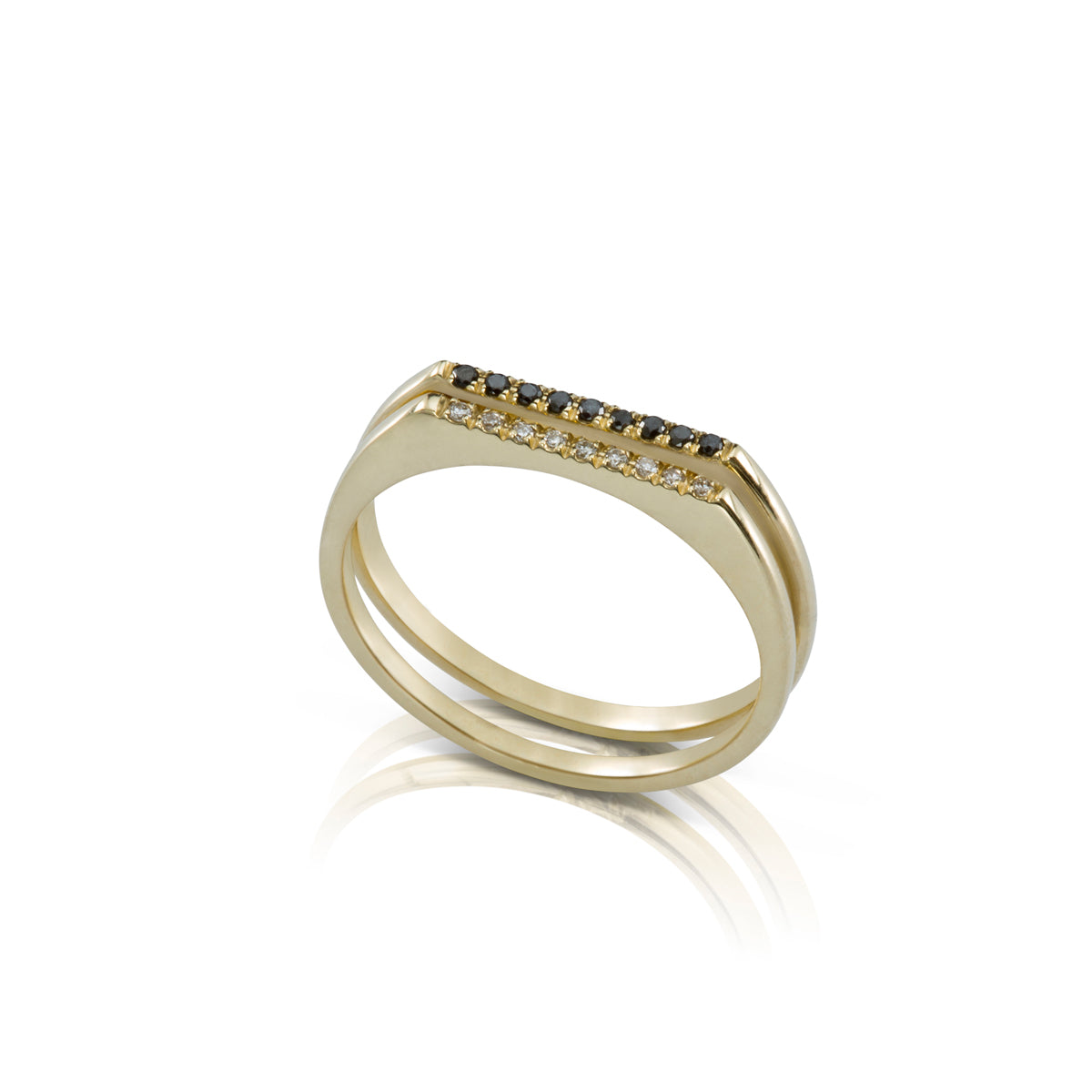 A thin signet ring set with a row of black diamonds