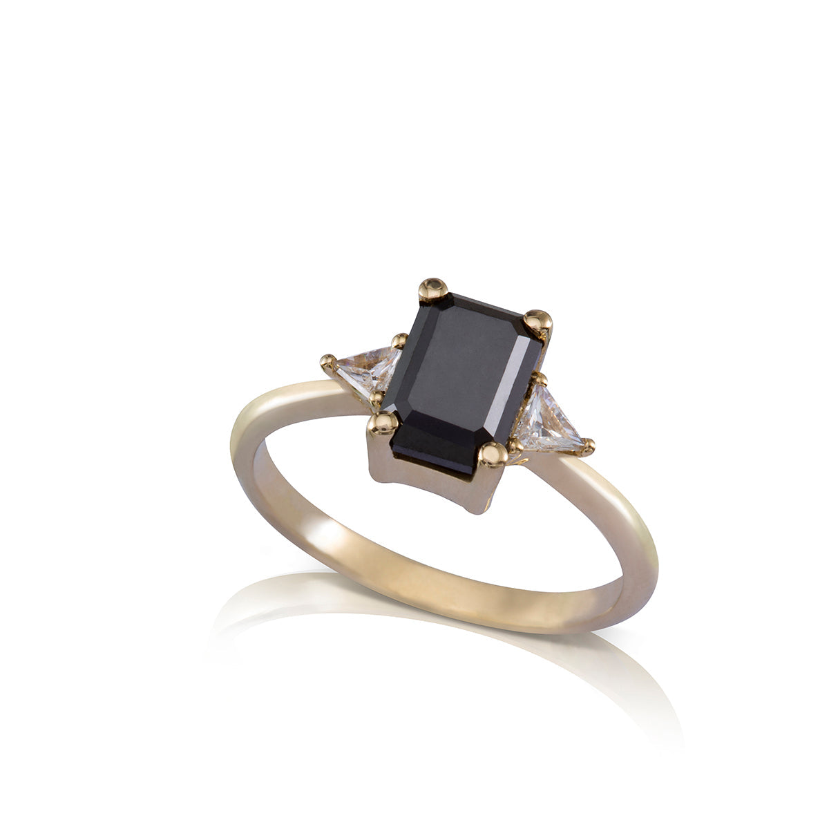 Rectangular black diamond ring and white triangular diamonds