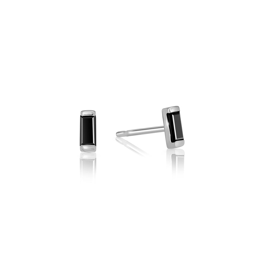 Close-fitting gold earrings inlaid with baguette-cut black diamonds