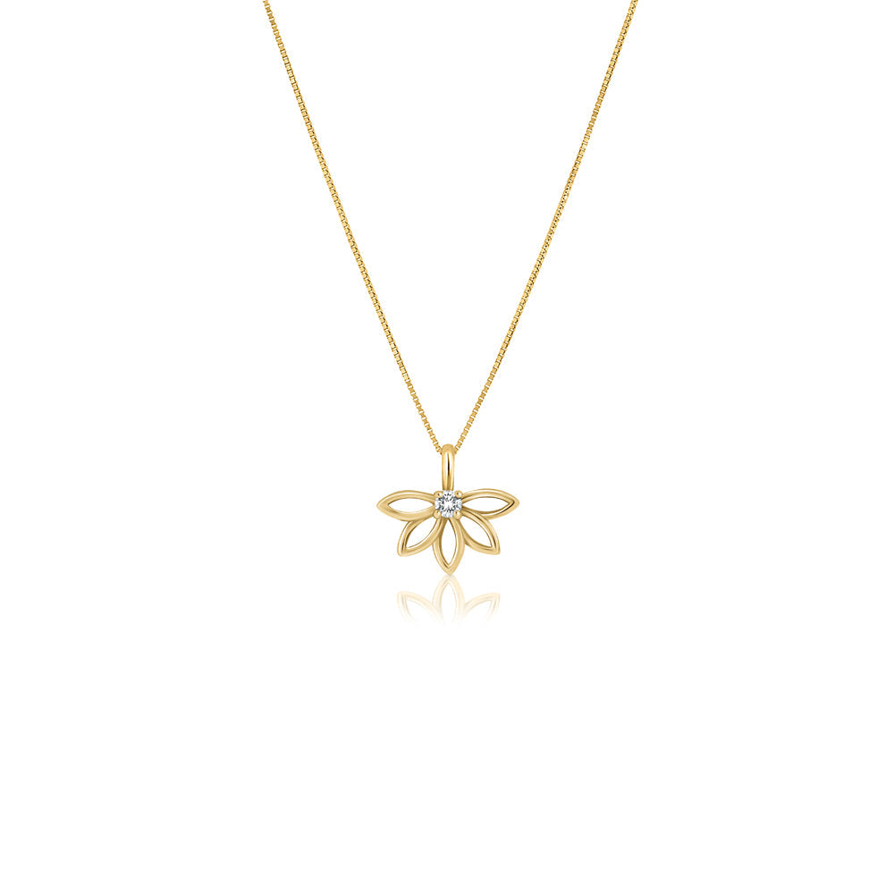 A delicate gold flower necklace set with a laboratory diamond