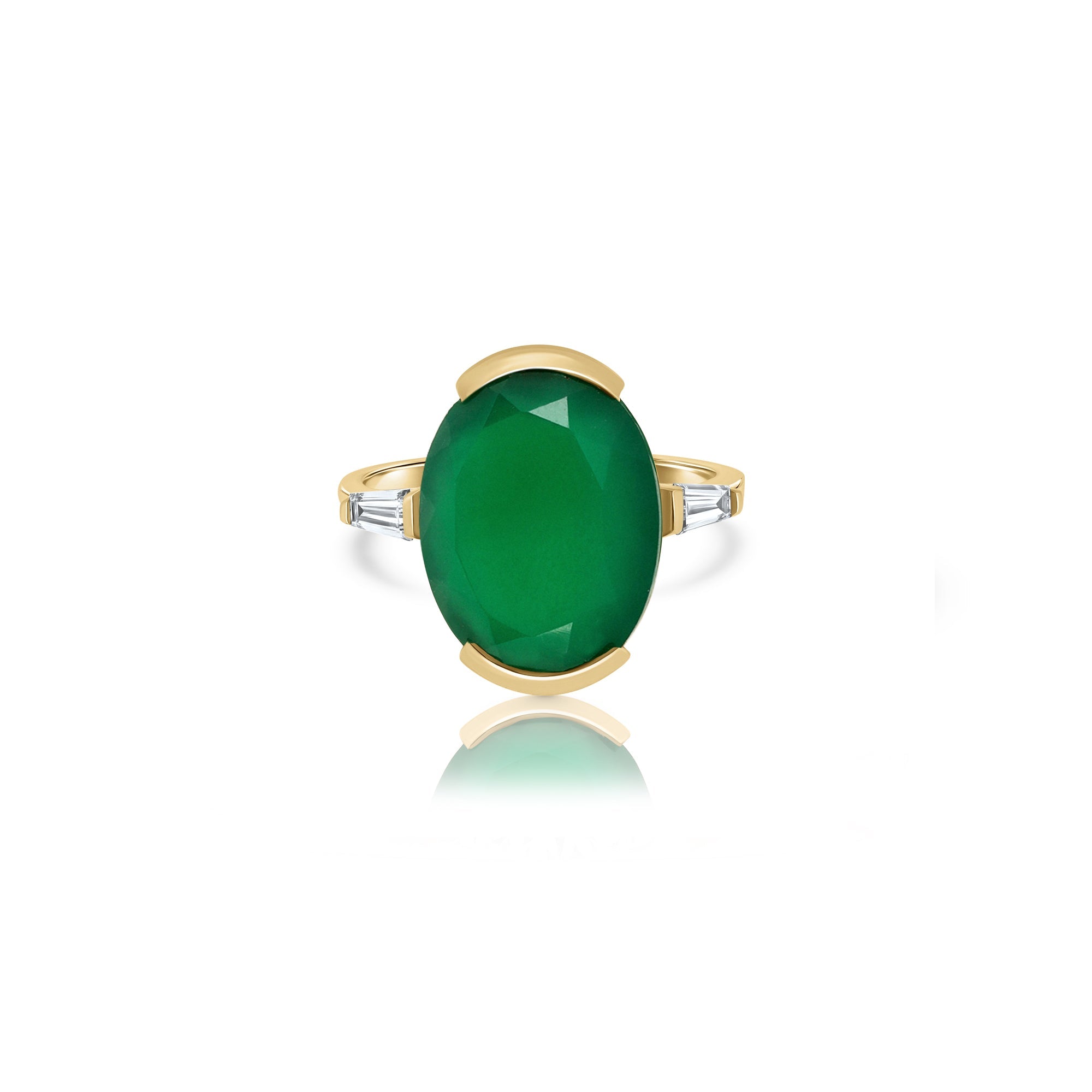 An impressive green onyx ring with an oval cut and laboratory diamonds