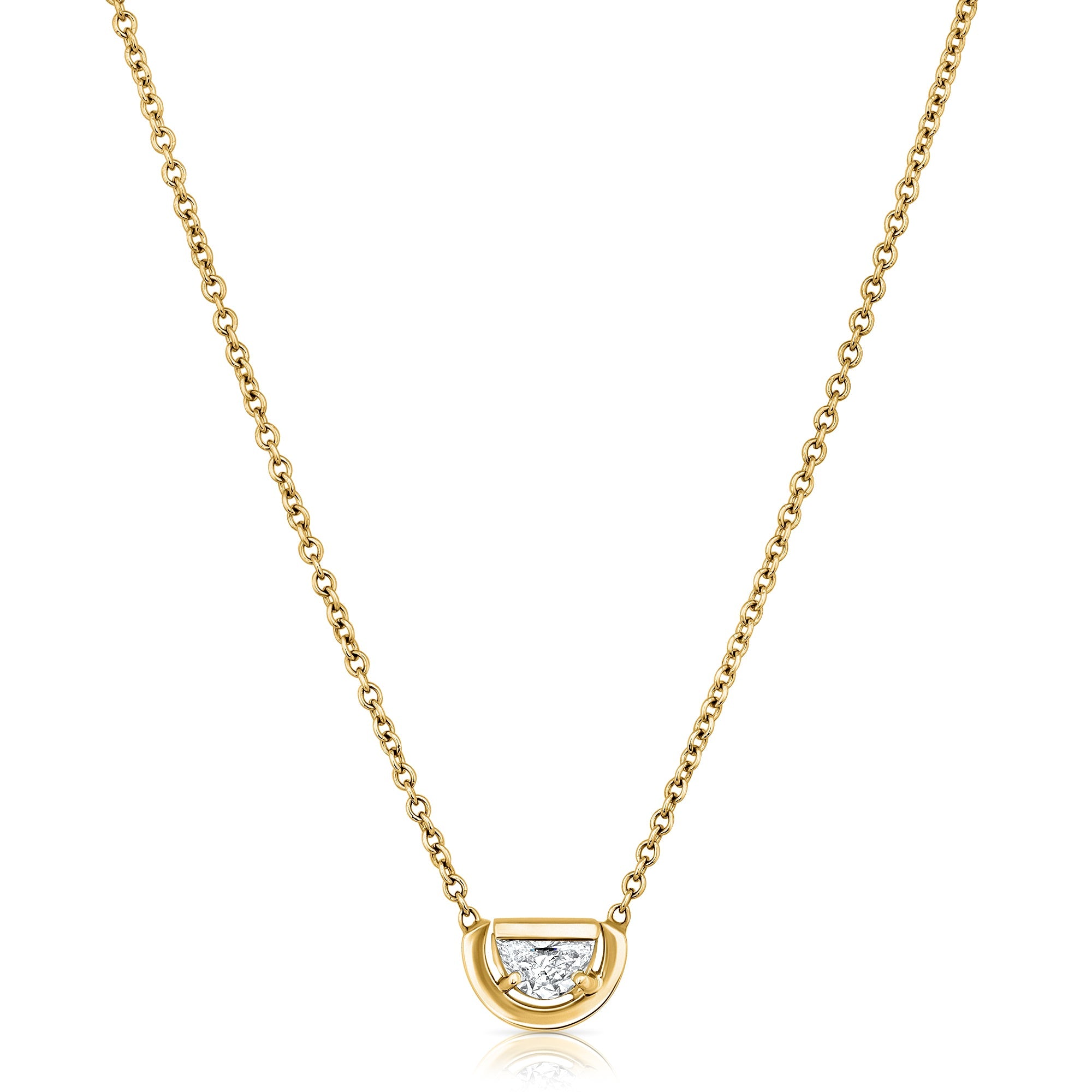 A special gold chain set with a diamond in a semi-circle cut in a modern design