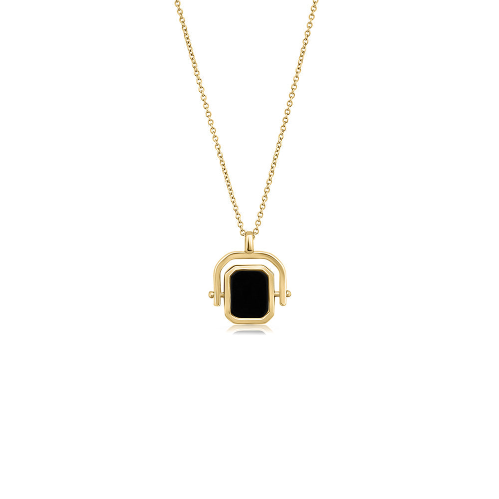 Gold necklace for men, special necklace with onyx on one side and engraving on the other
