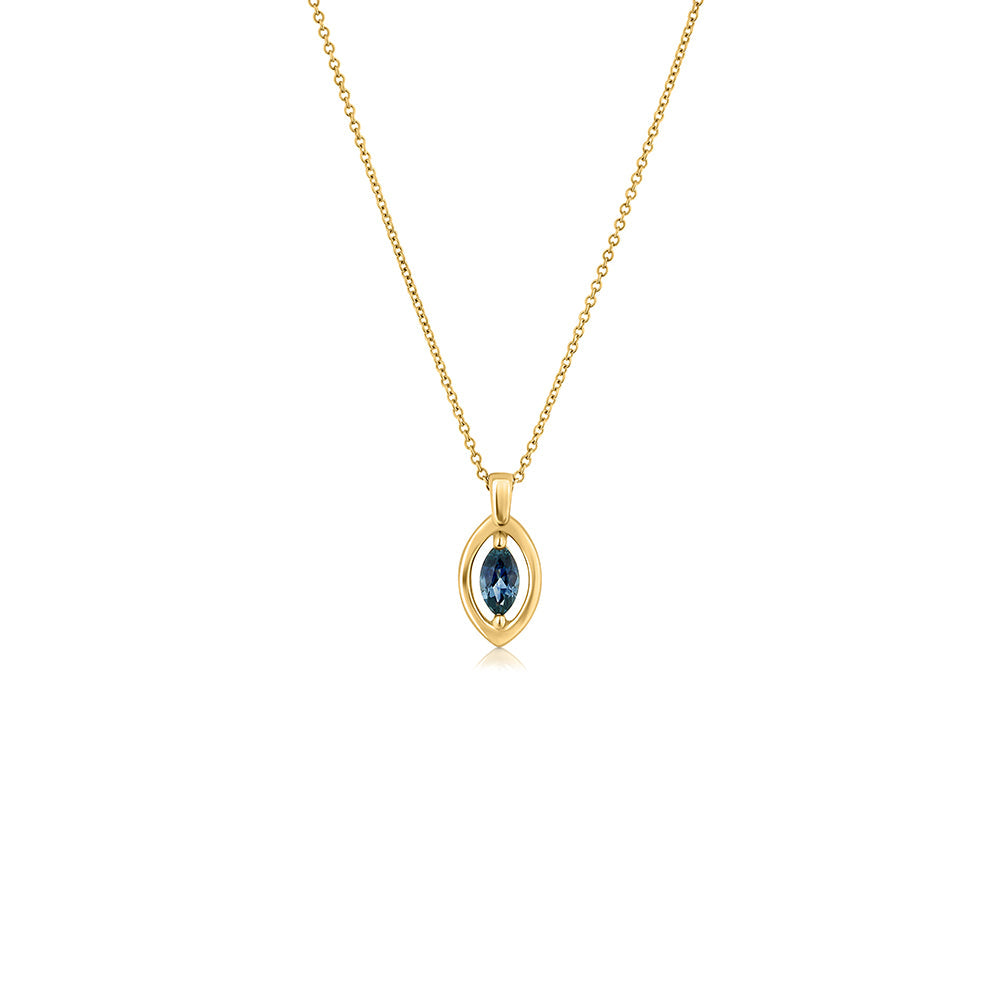A gold chain with a modern evil eye pendant for men, inlaid with a marquise-cut sapphire