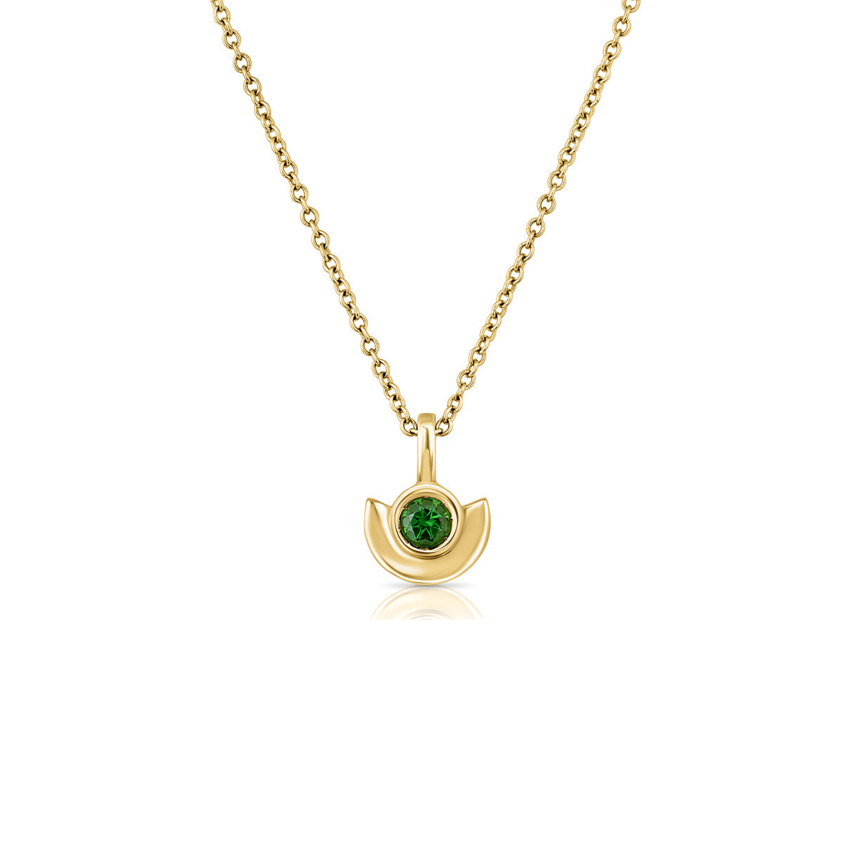 Gold necklace with a special pendant, semi-circular, inlaid with green tourmaline