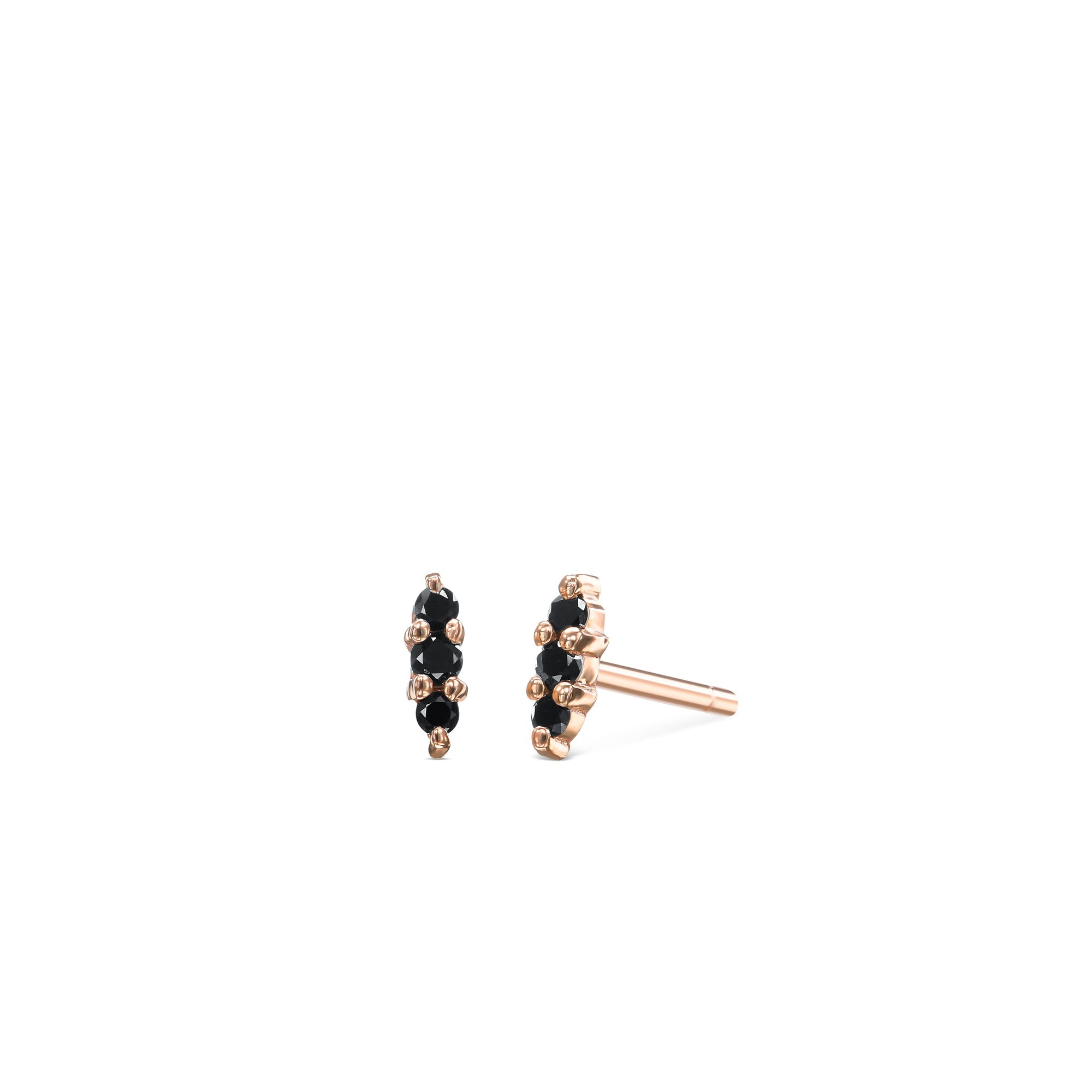 Gold stud earrings studded with 3 black diamonds in a row (mini)