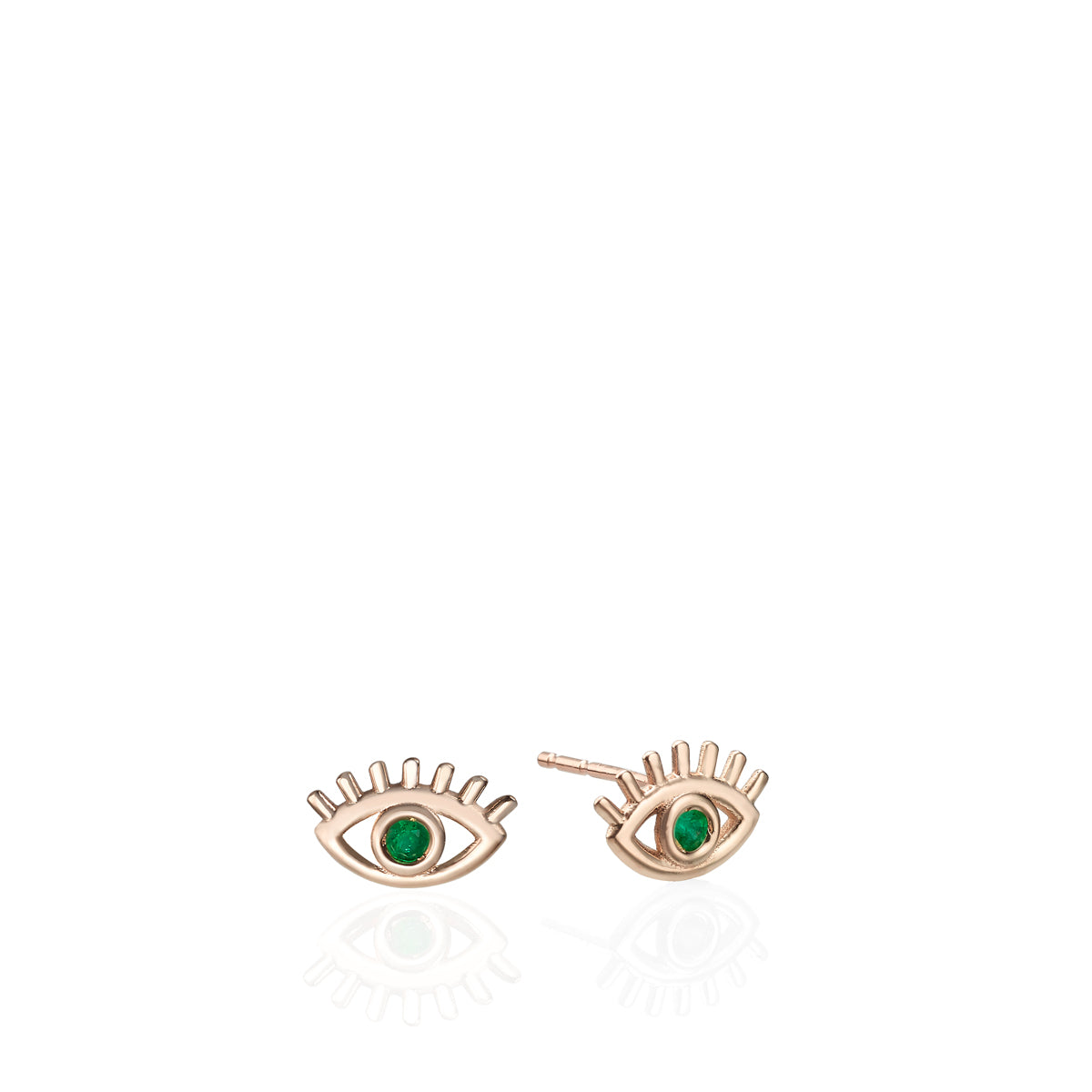 Gold studded earrings in a design against the evil eye, studded with emerald stones
