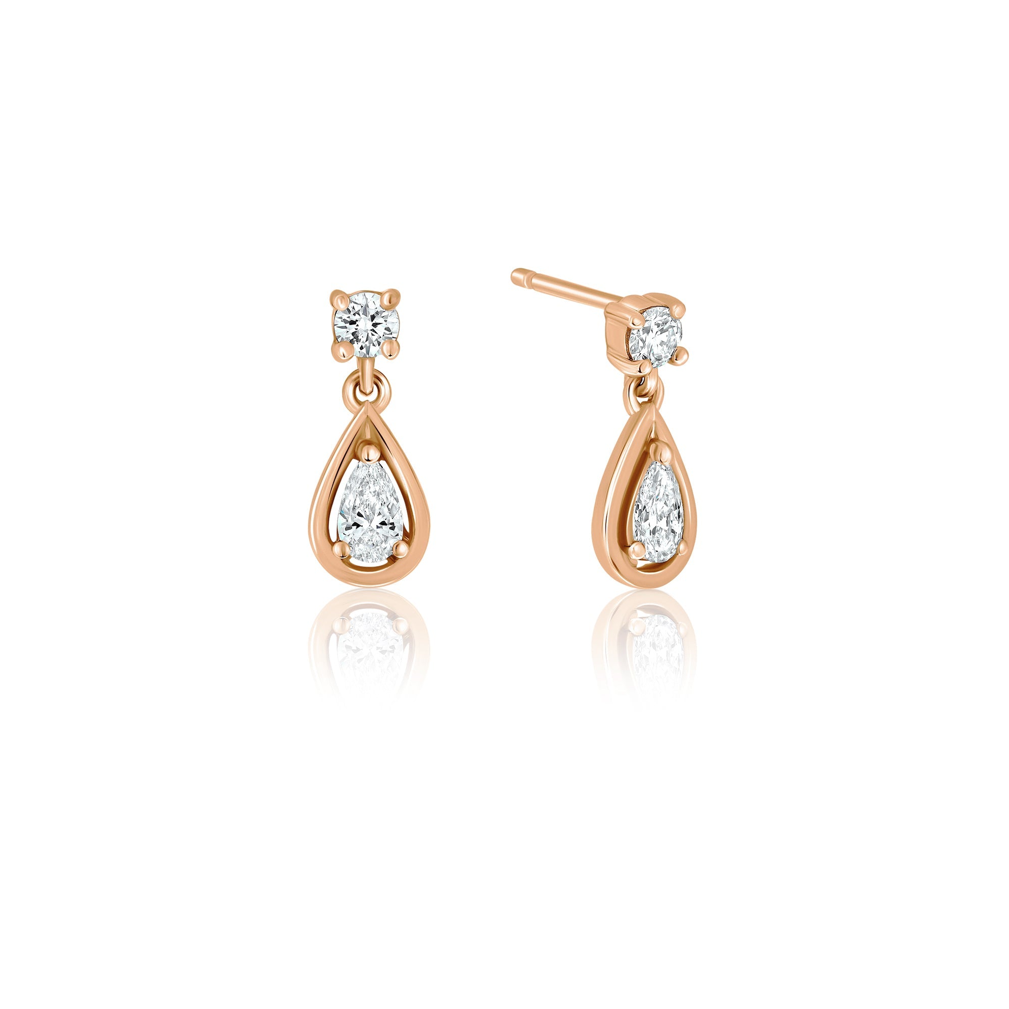 Dangling attached lab diamond earrings in a round cut and a drop