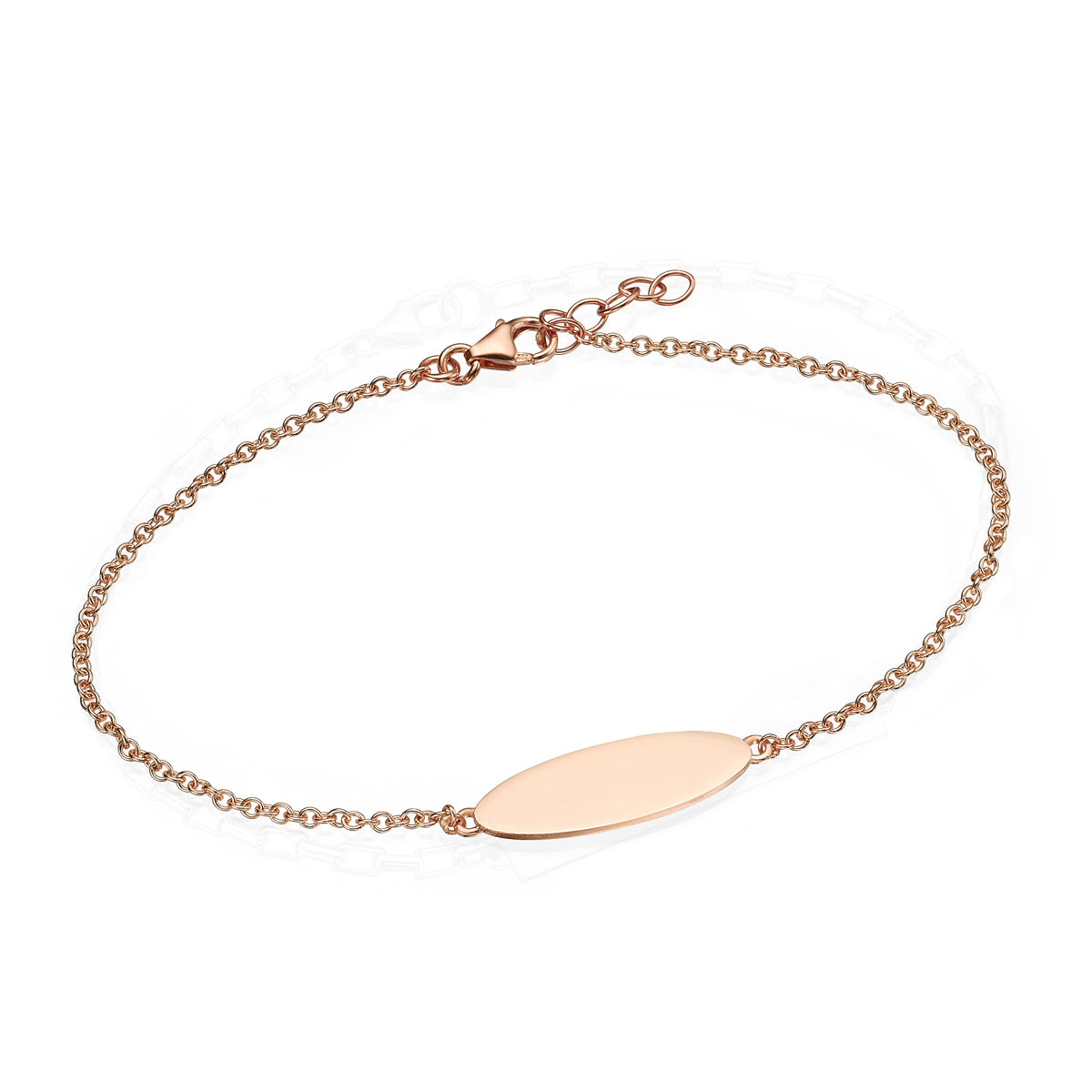 A gold bracelet with an oval engraved name