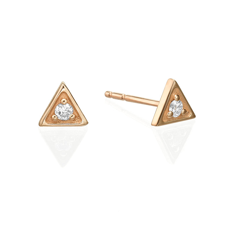 Small attached round diamond earrings in a triangular frame