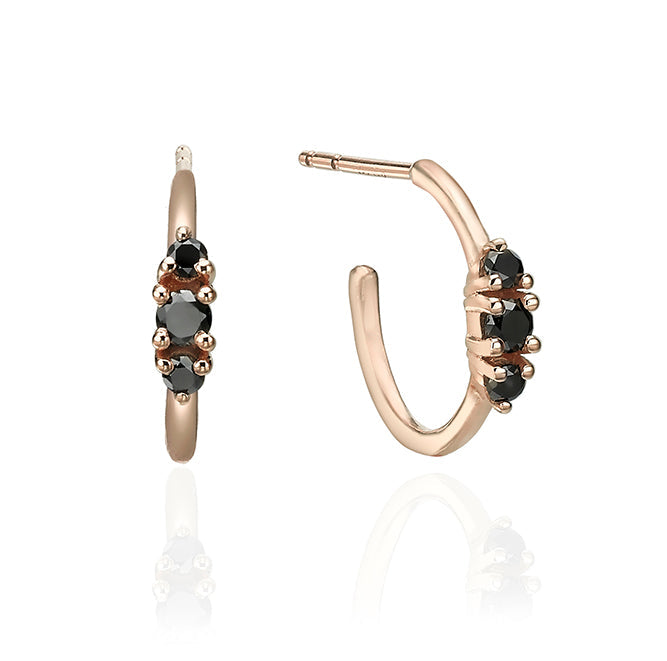 Small hoop earrings set with 3 black diamonds