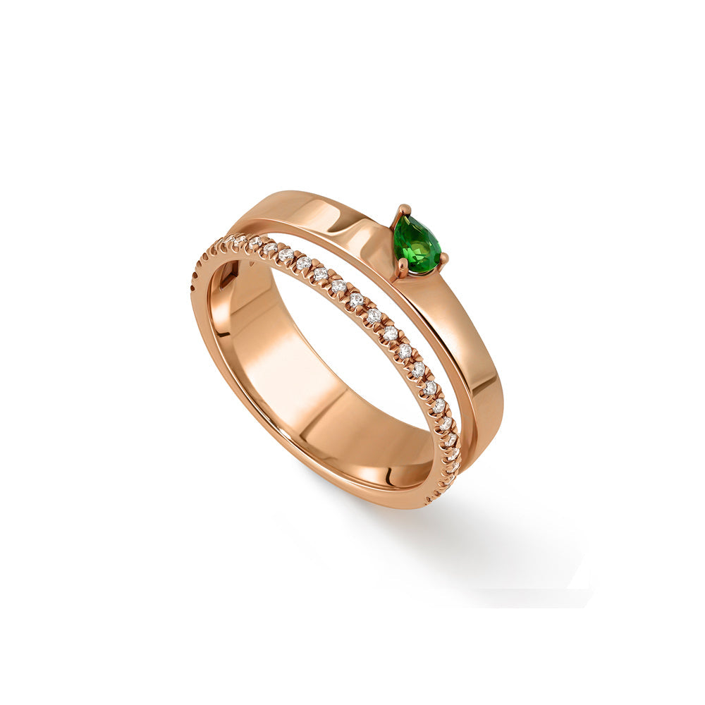 Double gold ring set with a row of diamonds and drop-cut green tourmaline