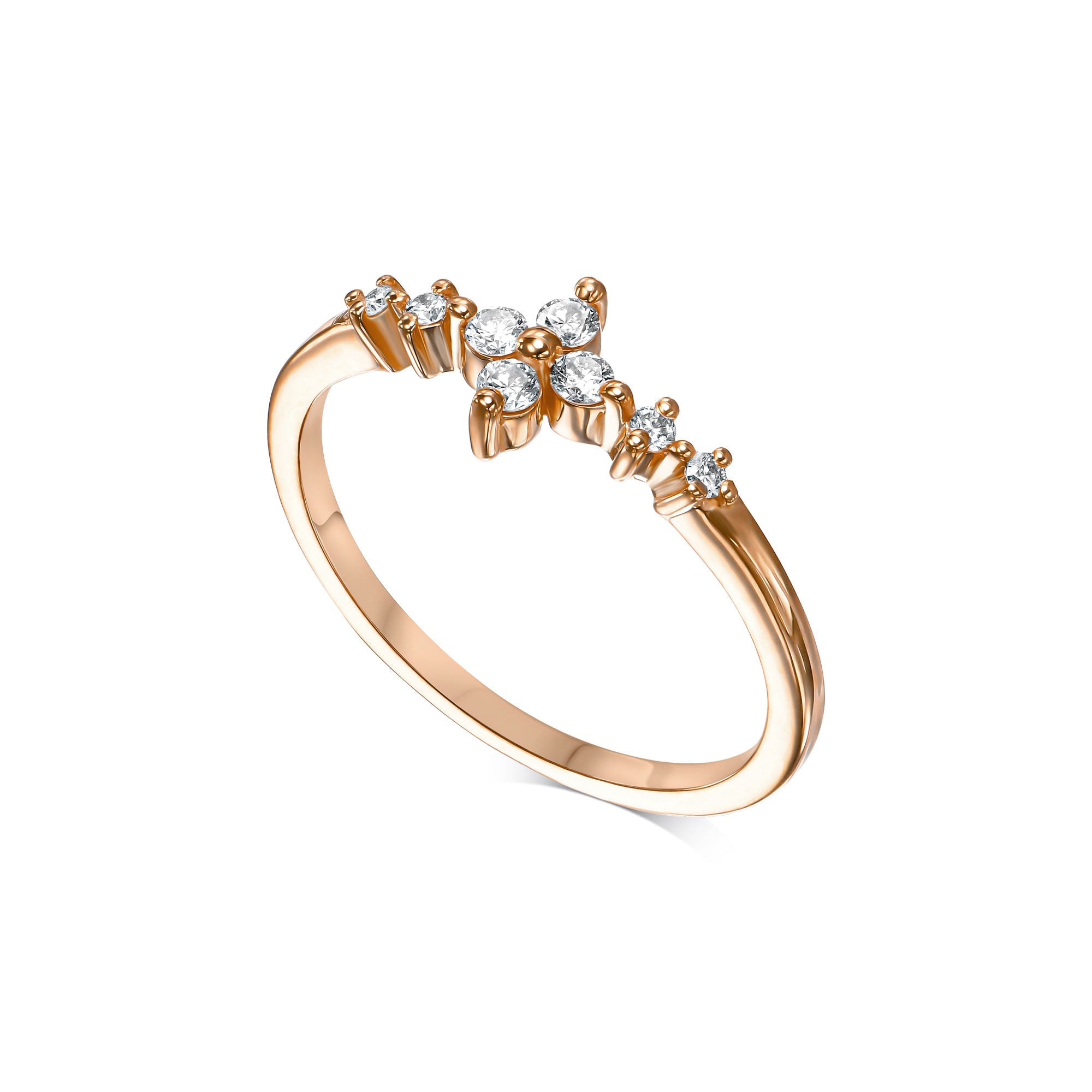 A delicate and rich gold ring studded with diamonds in the shape of a central flower and side diamonds