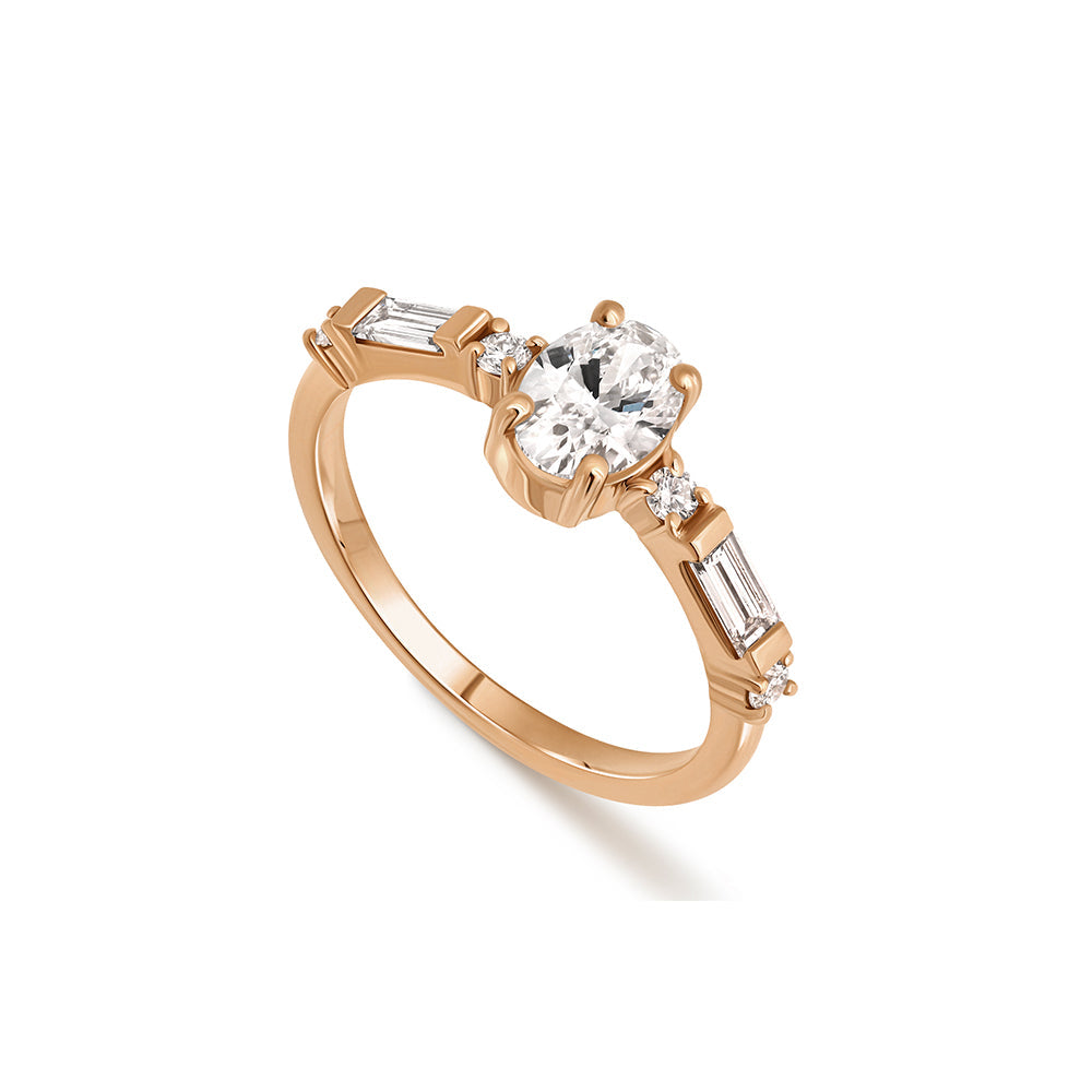 Engagement ring set with laboratory diamonds, central oval stone 0.70ct and baguette and side round diamonds