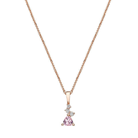 A gold necklace with a trillion-cut morganite inlaid pendant and small diamonds of varying sizes
