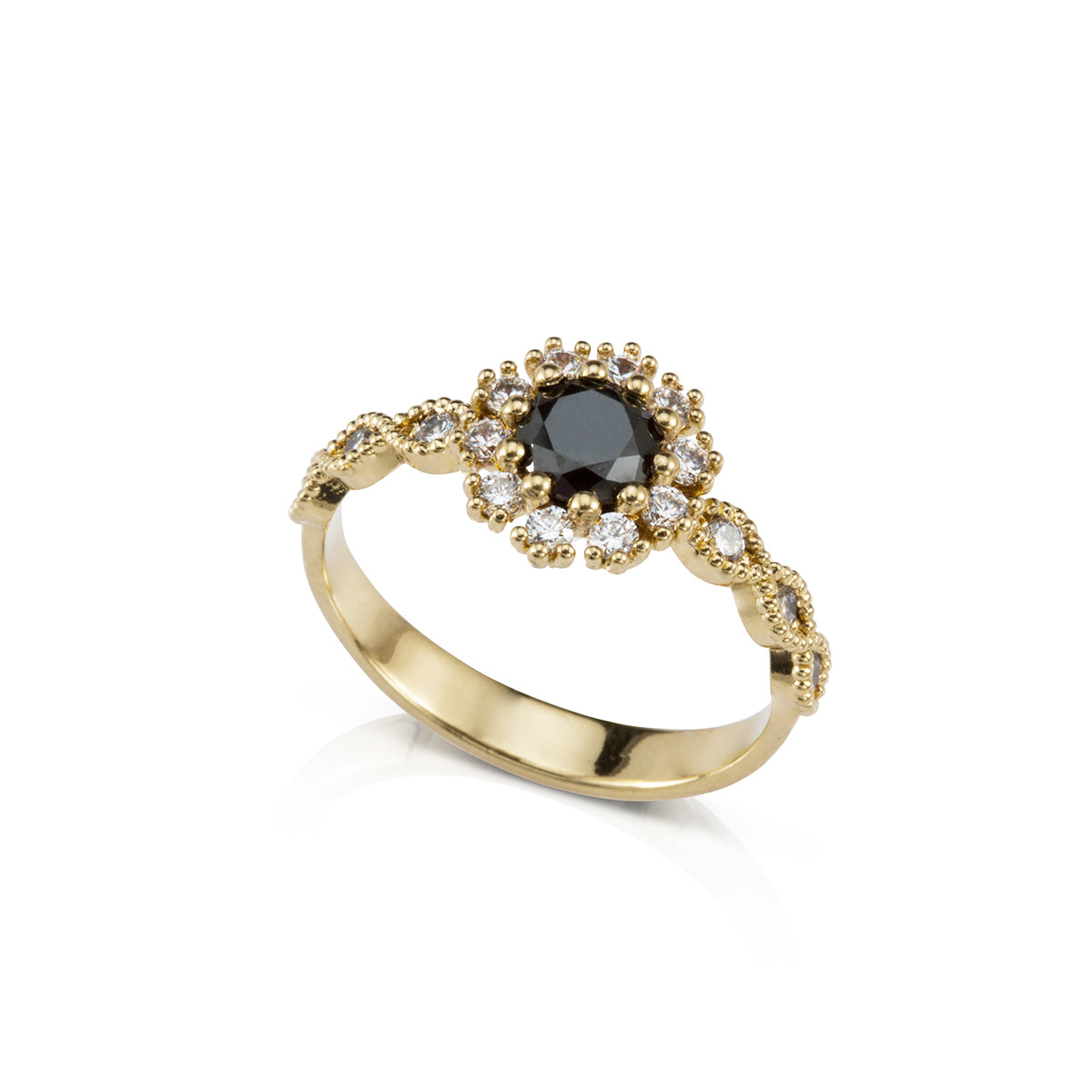 Central black diamond ring and white diamonds