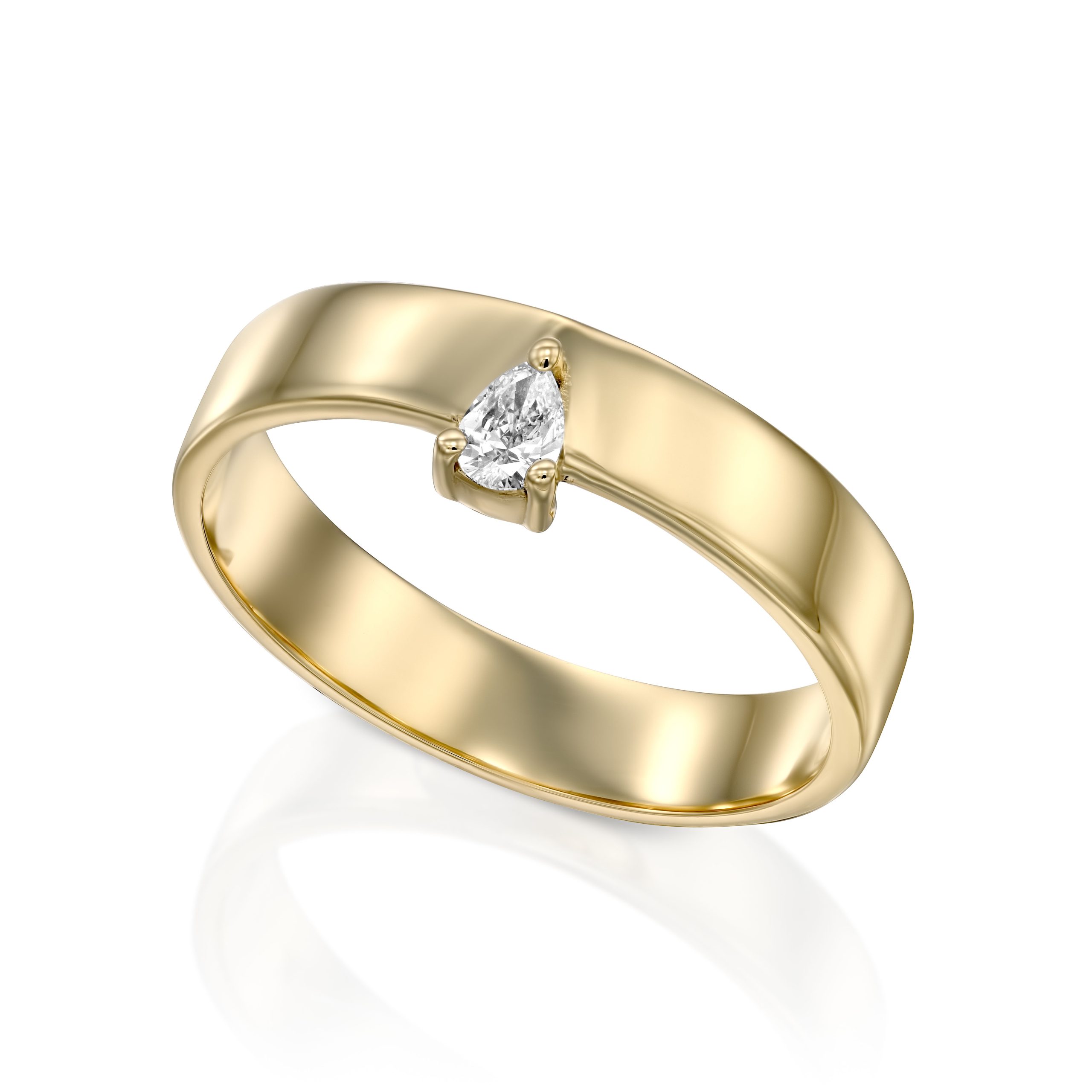 Modern smooth gold ring set with a drop cut diamond