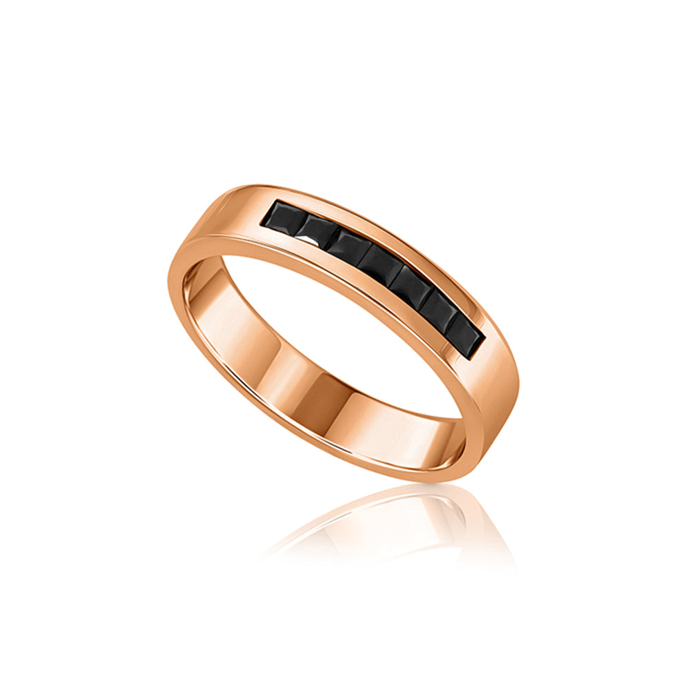A wide gold ring for men inlaid with onyx in a line princess cut