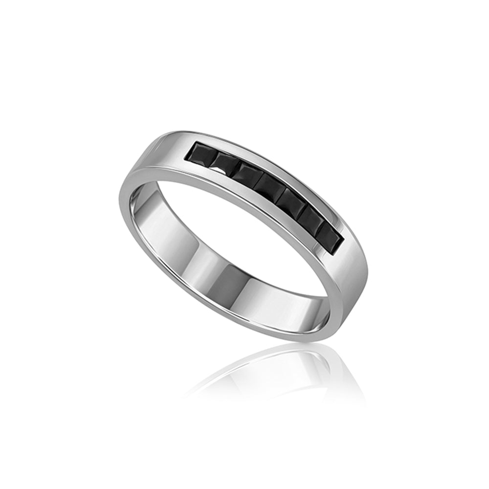 A wide gold ring for men inlaid with onyx in a line princess cut