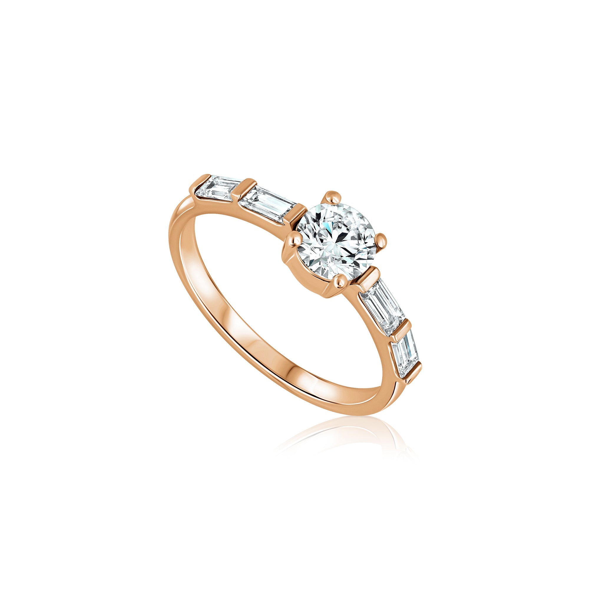 A beautiful engagement ring set with a 70-point lab diamond and baguette-cut diamonds