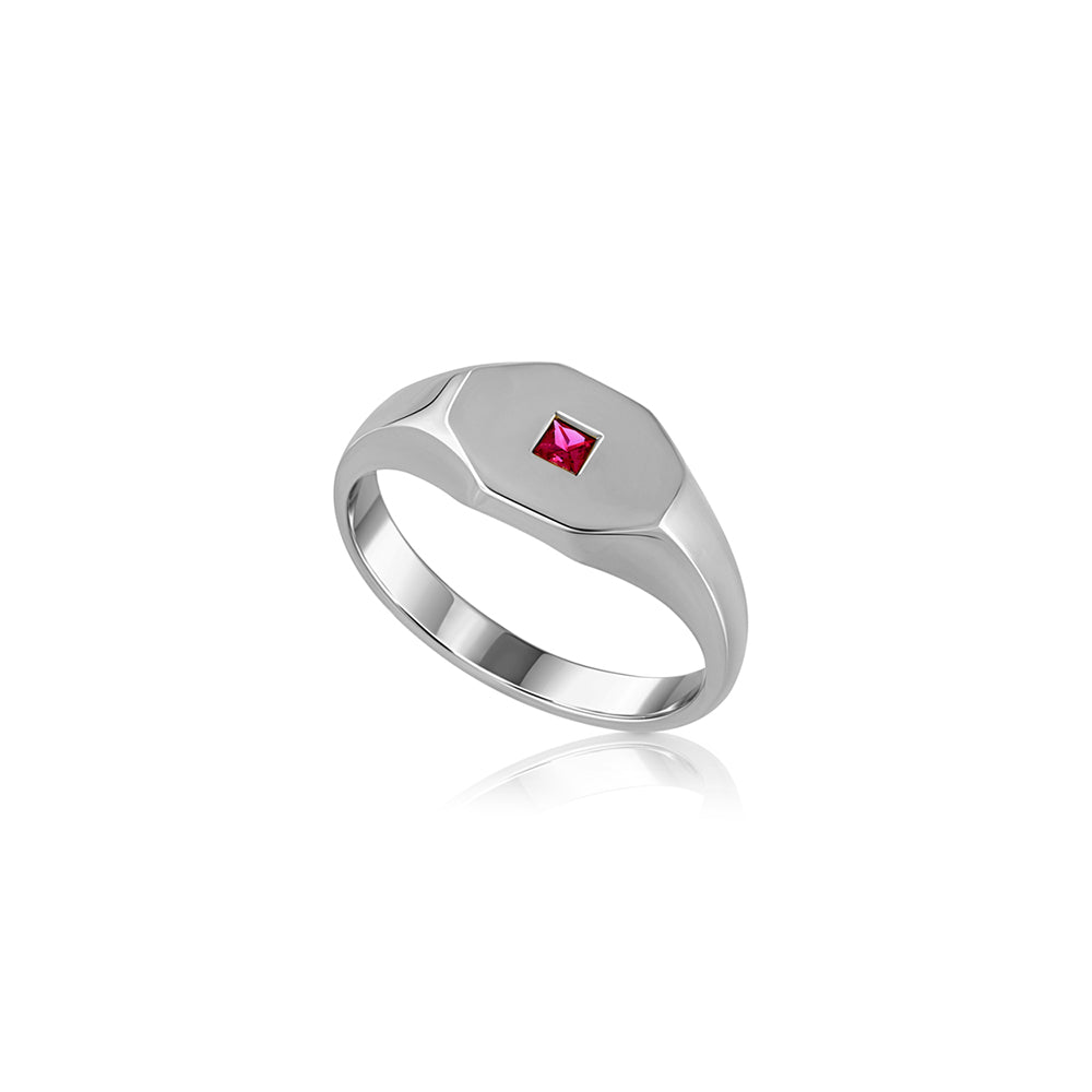 An octagon-shaped signet ring for men, set with princess-cut rubies