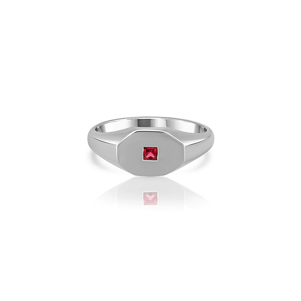 An octagon-shaped signet ring for men, set with princess-cut rubies