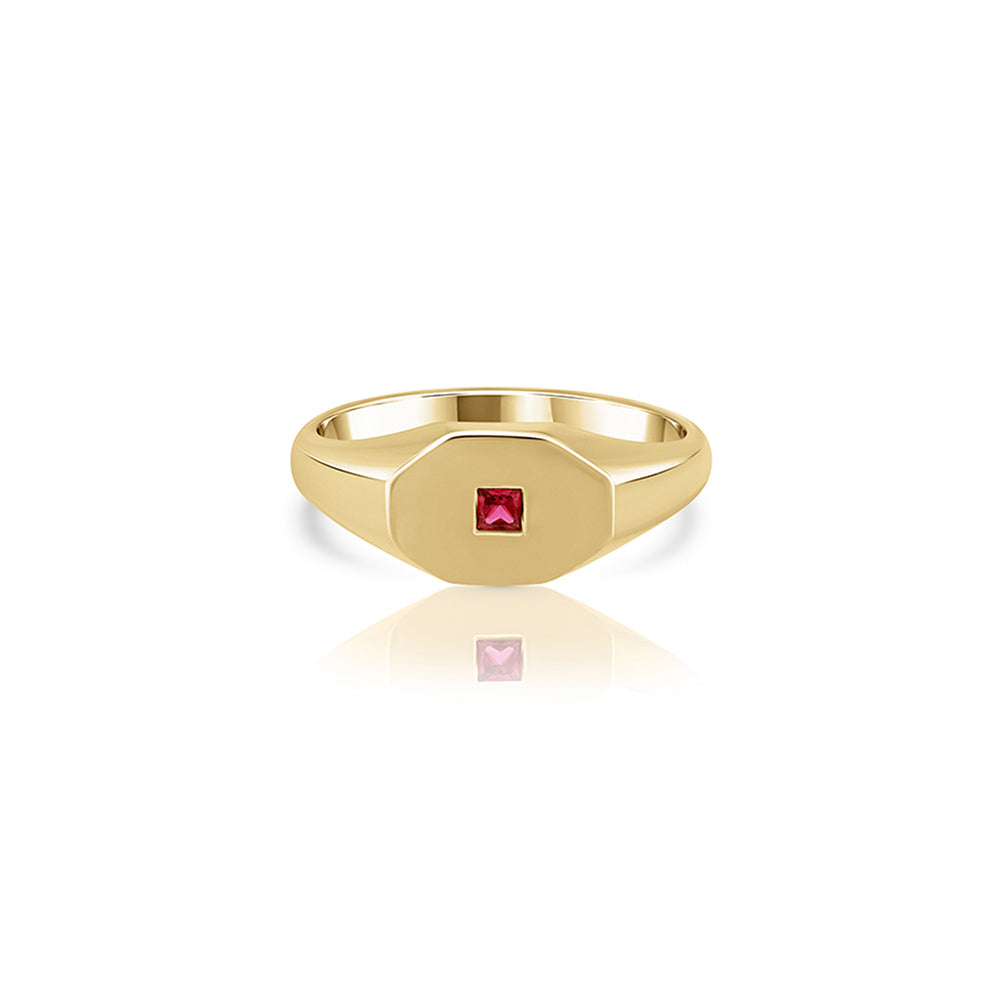 An octagon-shaped signet ring for men, set with princess-cut rubies