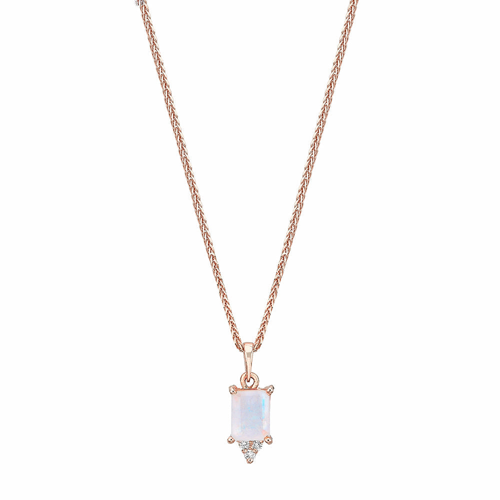Gold necklace with moonstone inlaid pendant in emerald cut and diamonds