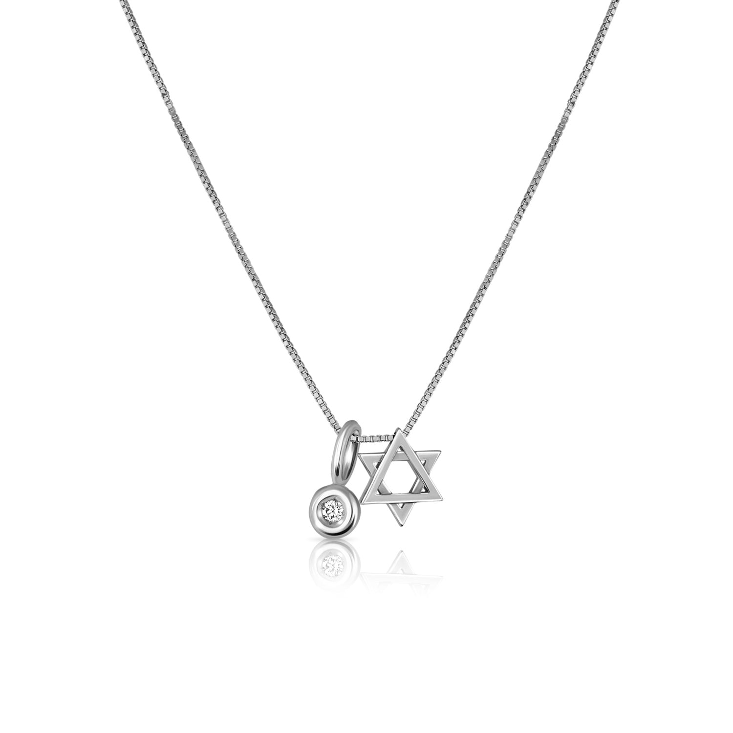 A small gold Star of David pendant threaded onto a gold chain combined with a diamond pendant