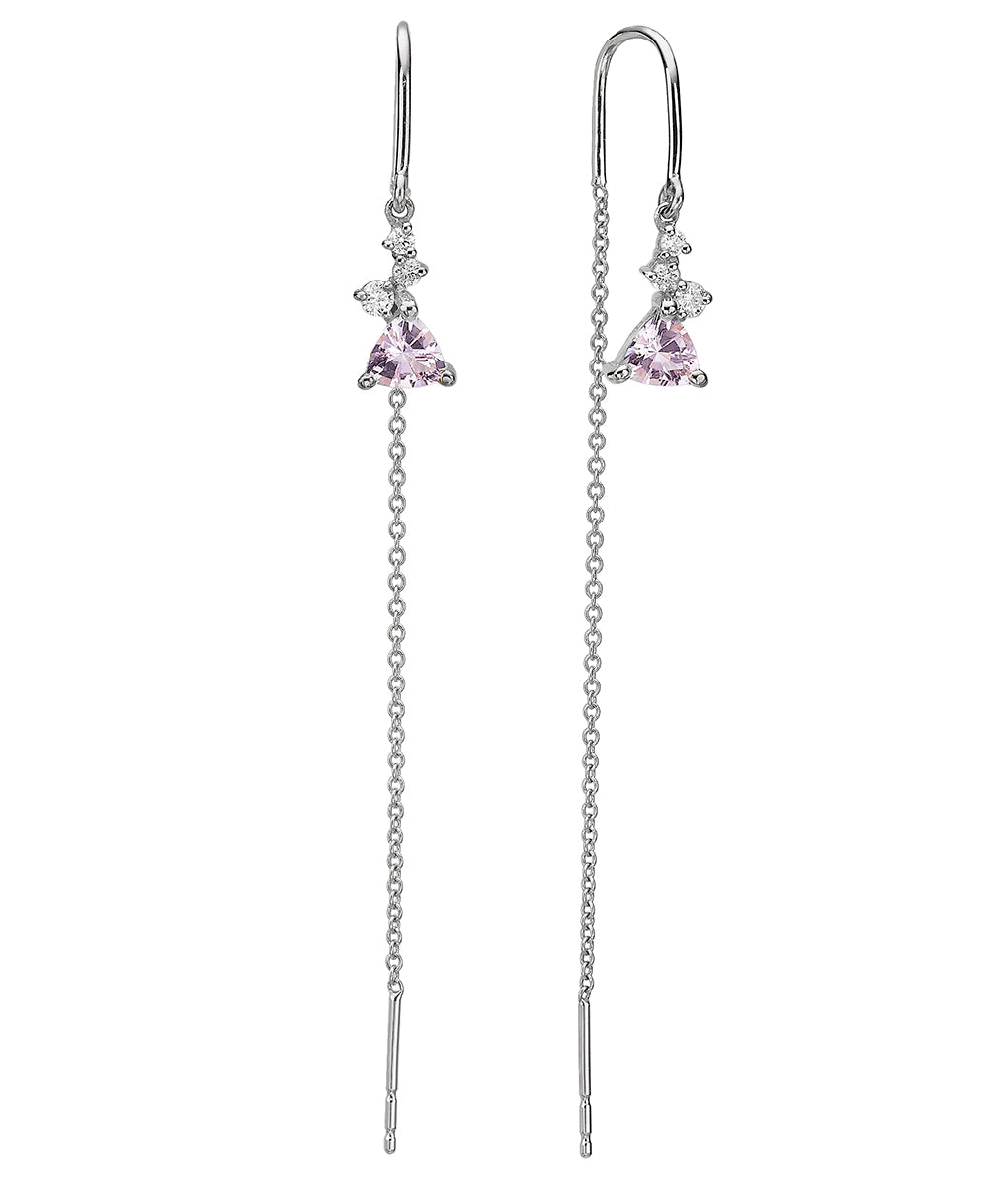 Gold earrings with a chain set with trillion-cut morganite and small diamonds of varying sizes