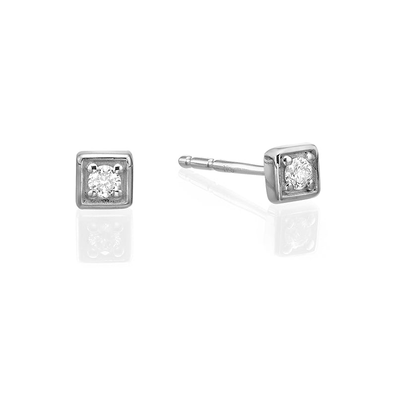 Small attached round diamond earrings in a square frame