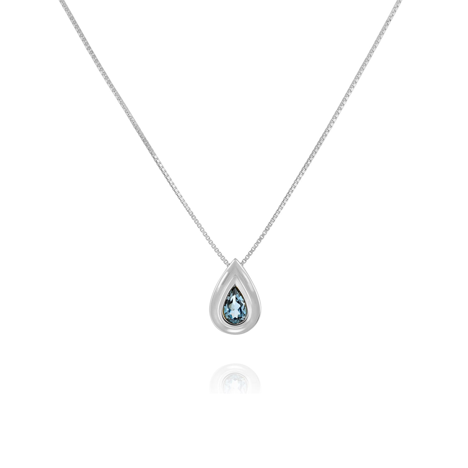 Gold necklace with drop-shaped gold pendant studded with London blue topaz