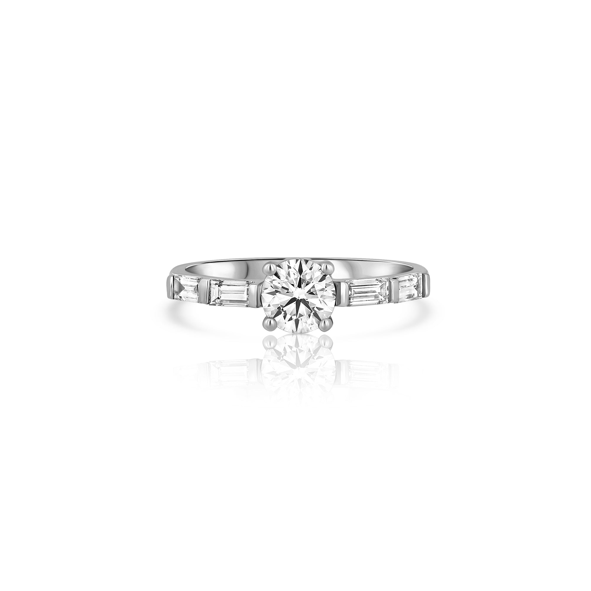 A beautiful engagement ring set with a 70-point lab diamond and baguette-cut diamonds