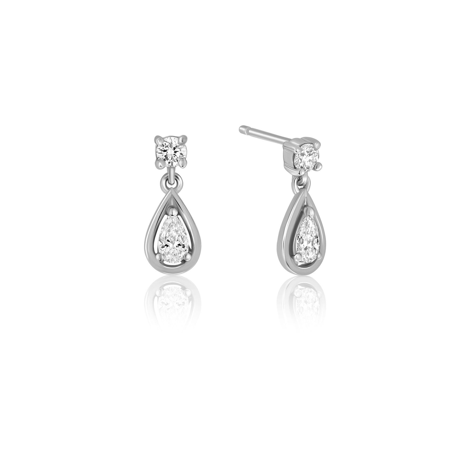 Dangling attached lab diamond earrings in a round cut and a drop