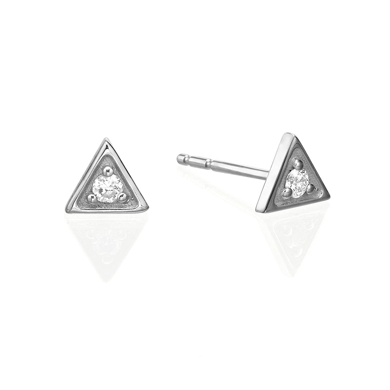 Small attached round diamond earrings in a triangular frame