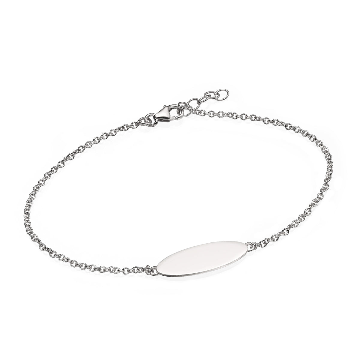 A gold bracelet with an oval engraved name