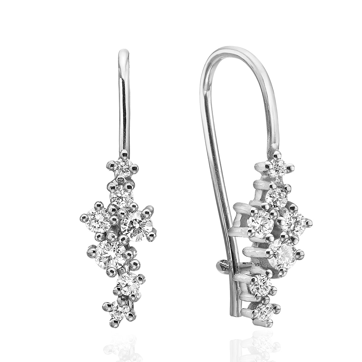 Hanging gold earrings studded with diamonds of varying sizes