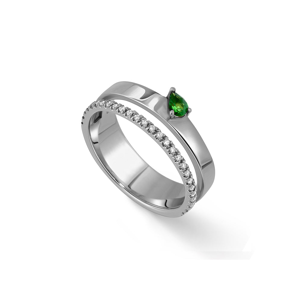 Double gold ring set with a row of diamonds and drop-cut green tourmaline